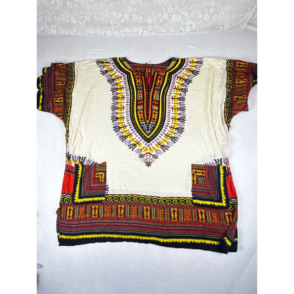 Jackpot Dashiki Tunic Top Cream Red African Print V-Neck Short Sleeve Pockets